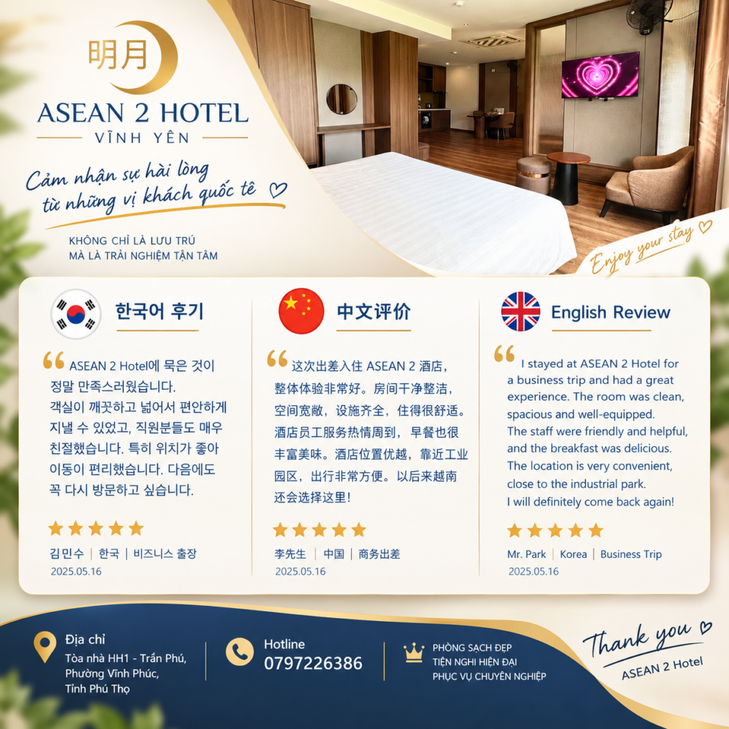Khách hàng nói gì về ASEAN 2 Hotel? Trải nghiệm lưu trú của khách quốc tế tại Vĩnh Yên